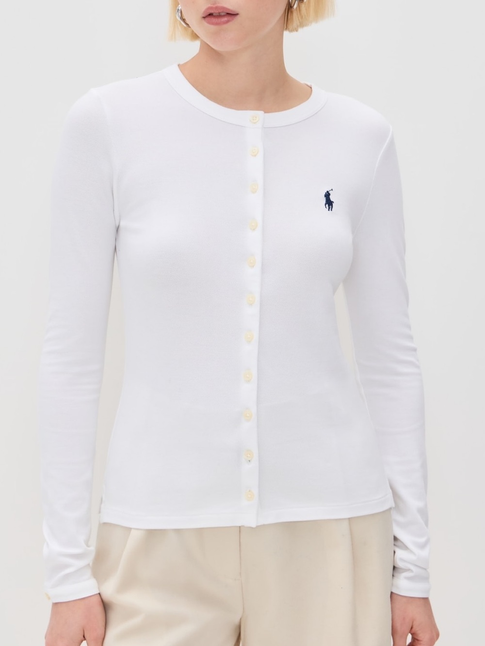 Ralph Lauren White Logo Button-Front Long-Sleeve Cotton Cardigan Top Medium